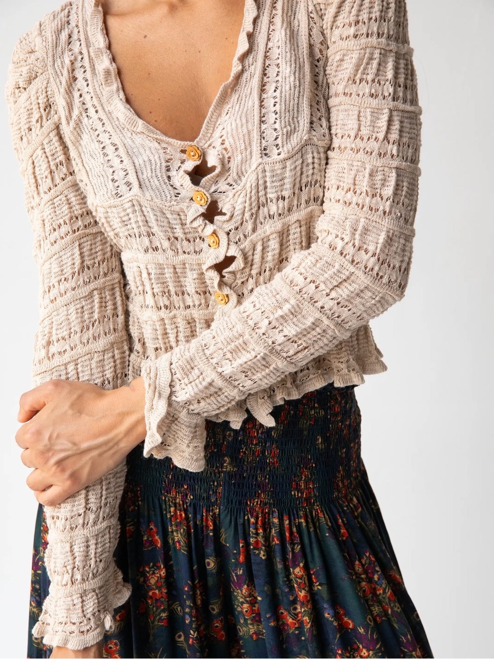 Juliet Ruffle Cream Knit Button-Front Cardigan Sweater — Natural Life